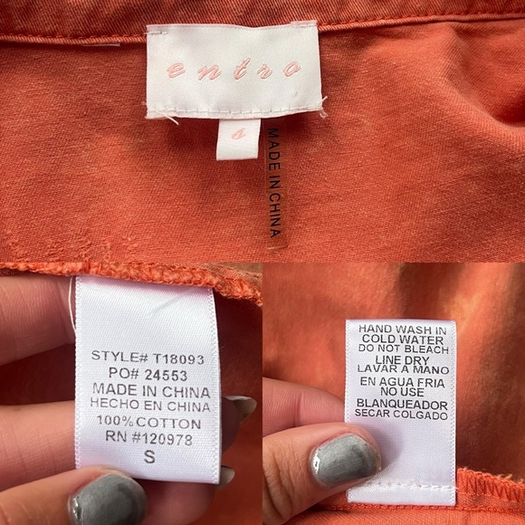 Entro Women’s Sz Small Orange Short Sleeve Button Snap Collared Peplum Denim Top - Picture 3 of 16